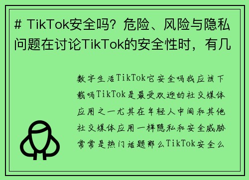 # TikTok安全吗？危险、风险与隐私问题在讨论TikTok的安全性时，有几个主要的危险和风险
